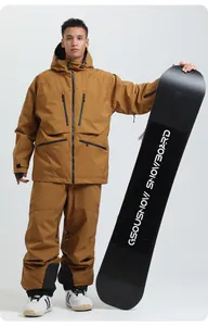 Detail of a brown waterproof ski suit for men featuring a hooded jacket and matching pants