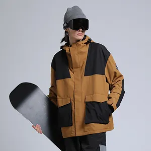Men's professional color-block waterproof hooded snowboard jacket in khaki and black finish