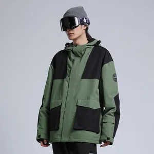 Men's loose color-block ski jacket with hood and functional pockets for outdoor sports