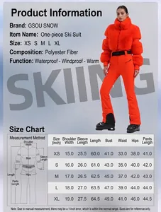 Detailed size chart for women's slim fit winter ski suit in inches and sizing guide