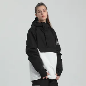 Waterproof hooded ski jacket with black and white color-block design for winter outdoor sports