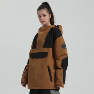 Brown and black hooded ski jacket with front pocket and sleeve patch for outdoor sports