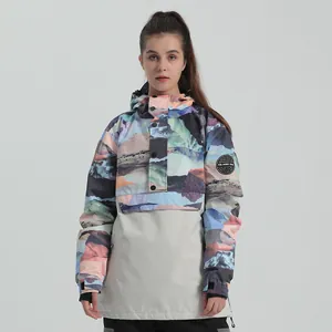 Women's mountain print ski jacket with windproof hood and adjustable cuffs