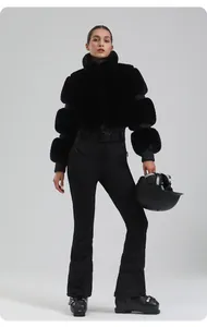 Close-up of black ski jacket featuring premium faux fur collar and windproof texture