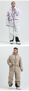 Detail of waterproof ski suit featuring adjustable cuffs and windproof high collar design