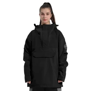 Waterproof black hooded ski jacket with contrast stitching and large front pocket