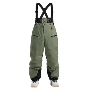 Olive green insulated ski bib pants with waterproof zippers and adjustable straps