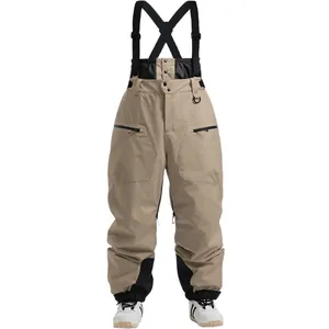 Waterproof khaki ski bib pants with adjustable black suspenders and multiple zip pockets