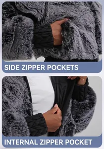Detail view of the deep gray faux fur ski jacket featuring secure zipper pockets