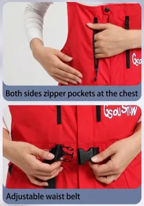 Détail du pantalon de ski rouge avec deux poches zippées et ceinture réglable à boucle