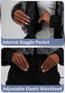 Detail of inner goggle pocket and adjustable elastic belt on winter ski jacket