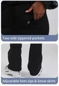 Detail of waterproof ski pants featuring zipper pockets and adjustable snow gaiters at the cuffs