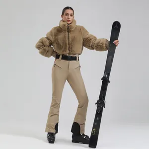 Women's thickened warm camel plush ski suit with slim pants and black belt set