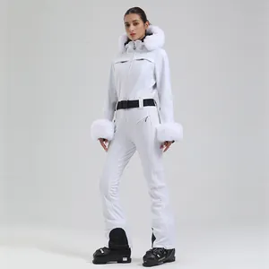 Women One-Piece Ski Suit Waterproof Windproof Slim Fit Winter Jumpsuit With Faux Fur Hood Trim Belted Outdoor Snowboard Wear
