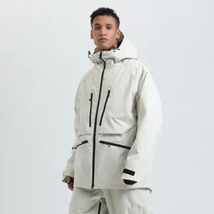 Waterproof off-white ski jacket with hood and black zipper pockets for outdoor sports