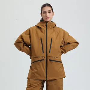 Brown waterproof ski suit set for men and women featuring insulated hooded jacket and pants