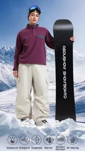 Detail view of waterproof ski pants and purple fleece jacket against snowy mountains
