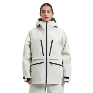 Waterproof off-white hooded ski suit set with functional multi-pockets for winter sports