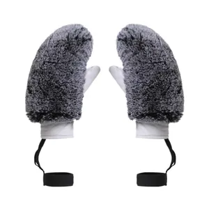 Winter-Skifäustlinge für Damen aus grauem Kunstpelz mit weißem gestepptem Leder und Kordel