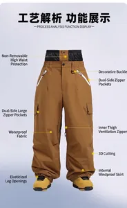 Detail view of brown cargo ski pants with waterproof fabric and breathable zippers