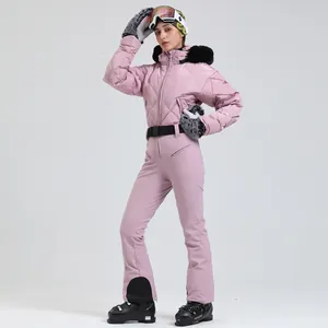 Damen Skianzug Set Gesteppt Weiße Gänsedaunen Wasserdicht Winddicht Warm Kapuze Pelzkragen Snowboardanzug