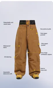 Detail view of earth-tone ski pants showing 3D ergonomic cut and waterproof tech fabric