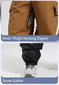 Detail of inner thigh ventilation zipper and windproof gaiters on waterproof ski pants