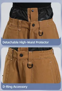 Close-up of waterproof ski pants featuring high waist protection and decorative buckle
