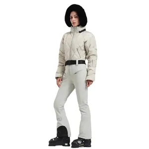 Damen Skianzug-Set in Creme mit gesteppter Daunenjacke, Kunstfellkapuze und Skihose