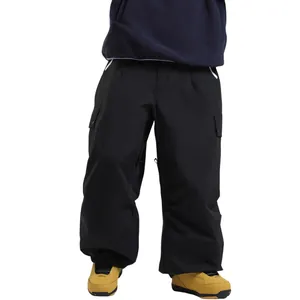 Waterproof black loose cargo ski pants with windproof fabric and side pockets for outdoor