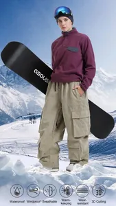 Outdoor skiing scene featuring waterproof ski pants and jacket with technical icons