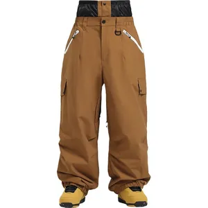 Waterproof brown cargo ski pants with multi-pockets for men and women outdoor sports