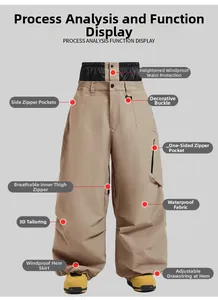 Detail of waterproof khaki ski pants showing 3D tailoring and waist windproof protection
