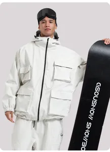 Detail view of white waterproof ski jacket with multiple cargo pockets and hooded design