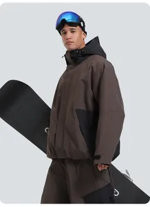 Men's waterproof brown and black ski suit featuring hooded jacket and matching trousers