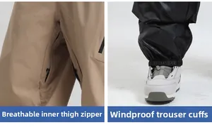 Detail of inner thigh ventilation zippers and protective snow skirts on ski pants