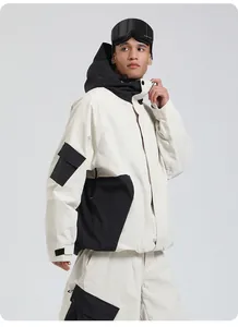 Detail of waterproof ski jacket with functional pockets and windproof hooded design