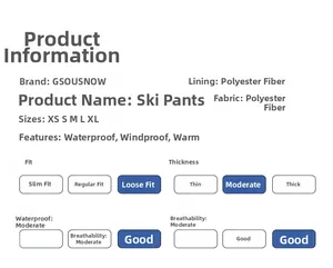 Size chart showing waterproof and windproof technical specs for loose fit ski pants