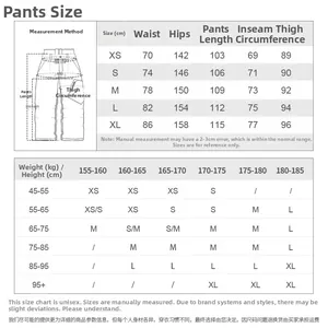 Detailed size chart for waterproof ski pants including measurements in centimeters