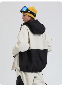 Rear view of color-block waterproof ski jacket and pants with hood for outdoor sports