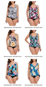 Collage of plus size tankini swimsuits showing six floral print styles and side drawstring details