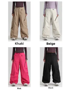 Detail view of four-color cargo ski pants in khaki, beige, rose red, and black finishes