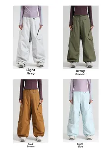 Waterproof ski pants shown in light grey, army green, deep coffee, and light blue colors