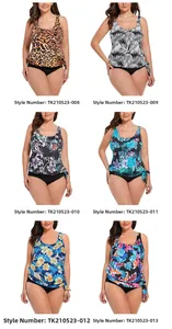 Collage of plus size tankinis in diverse floral prints with high waisted shorts