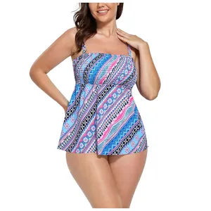 Detail of smocked bust and bohemian geometric floral print on plus size tankini top
