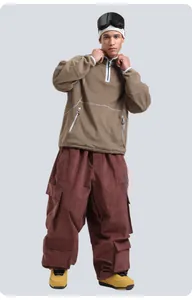 Detailed look at the brown corduroy multi-pocket cargo pants and winter fleece hoodie set