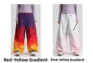 Baggy snow pants shown in red-yellow and beige-pink gradient styles with side zip pockets