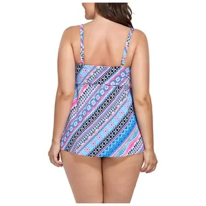 Back view of bohemian geometric print plus size tankini top with adjustable straps