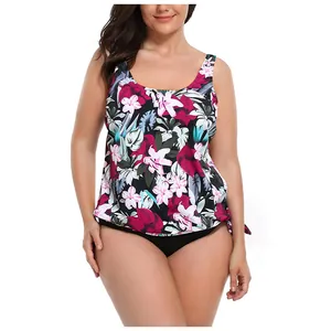 Close-up of floral print tankini top with side drawstring detail and high waist bottom