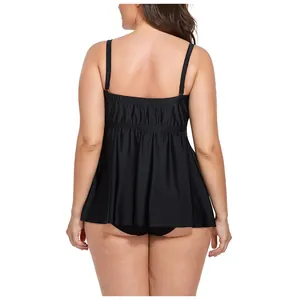 Rear view of black plus size bikini top with spaghetti straps and ruffled hem detail